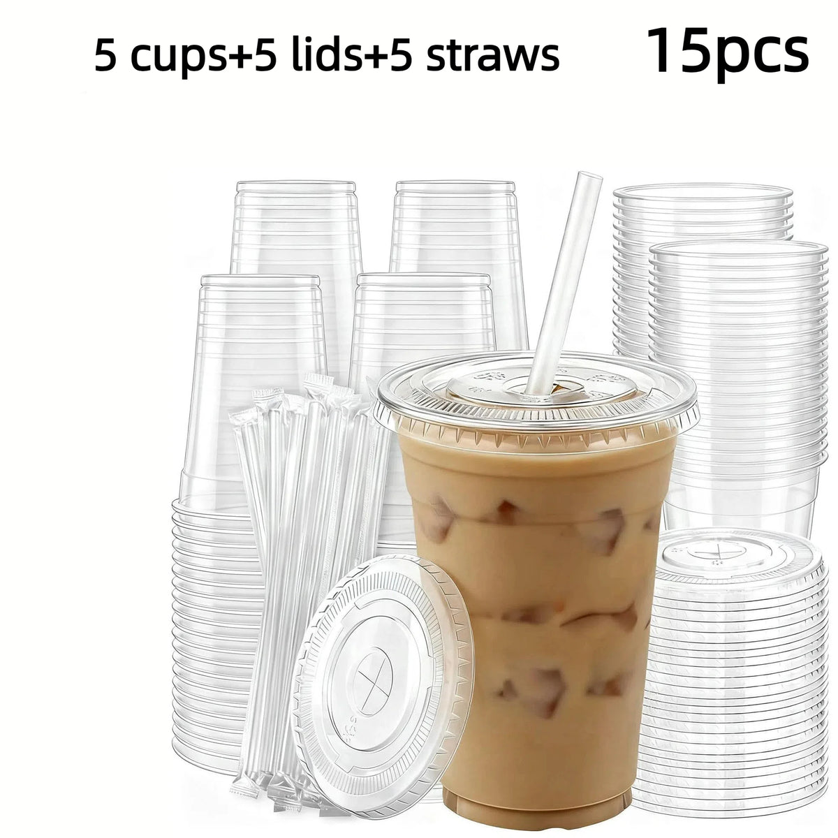 A set of 15 reusable disposable plastic cups, lids, and straws for beverages.
