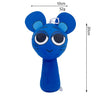 A bright blue collectible plush toy featuring large ears and a small body.