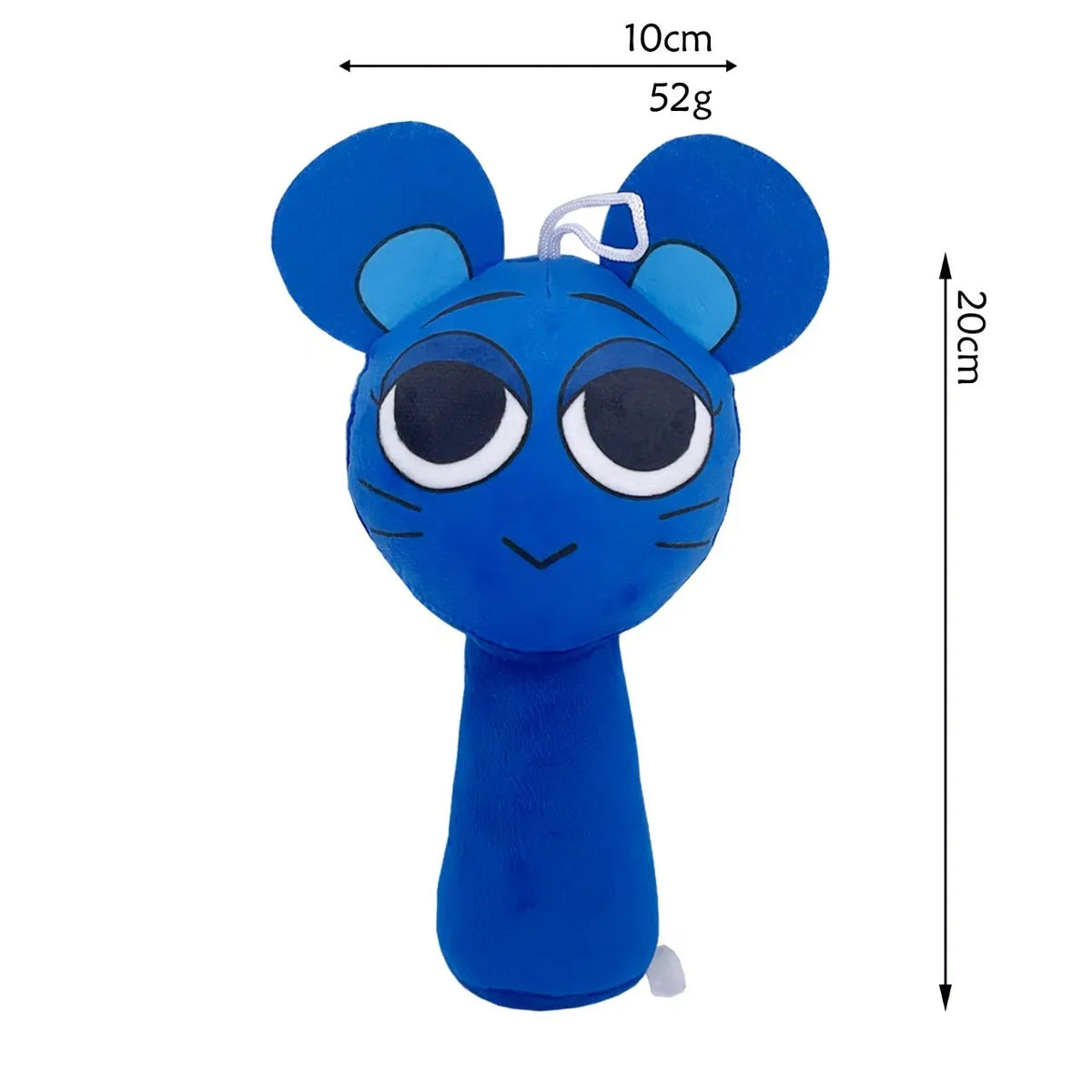 A bright blue collectible plush toy featuring large ears and a small body.