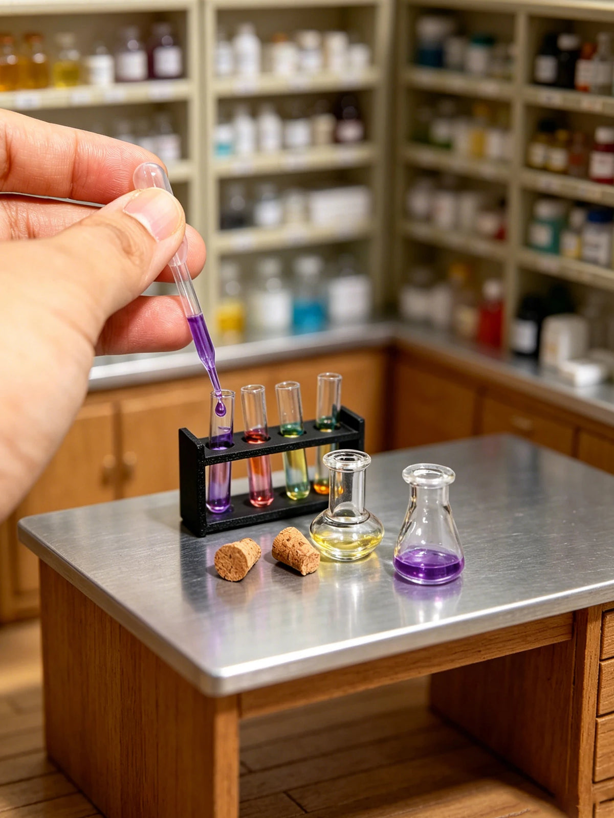 A hand uses a pipette to transfer purple liquid into small glass vials on a metal table in a laboratory setting.