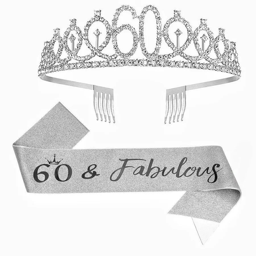 Silver rhinestone birthday crown and glitter sash set with a crown and ribbon