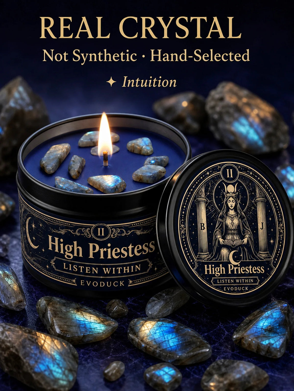A dark candle jar labeled High Priestess with blue crystal stones and a tarot card on a dark surface.