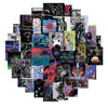 A collection of black and white graphic decals and stickers featuring skulls, abstract designs, and stylized figures.