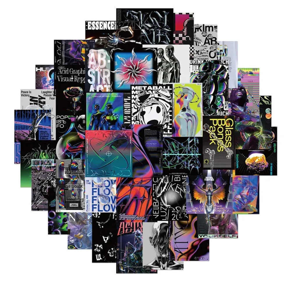 A collection of black and white graphic decals and stickers featuring skulls, abstract designs, and stylized figures.