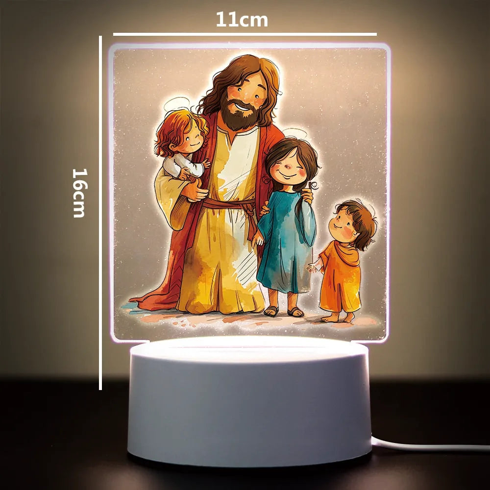 A 3D LED night light featuring a painting of Jesus with children, illuminated on a white base.
