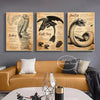 A set of three canvas wall art prints featuring owls and dragons on a neutral background.
