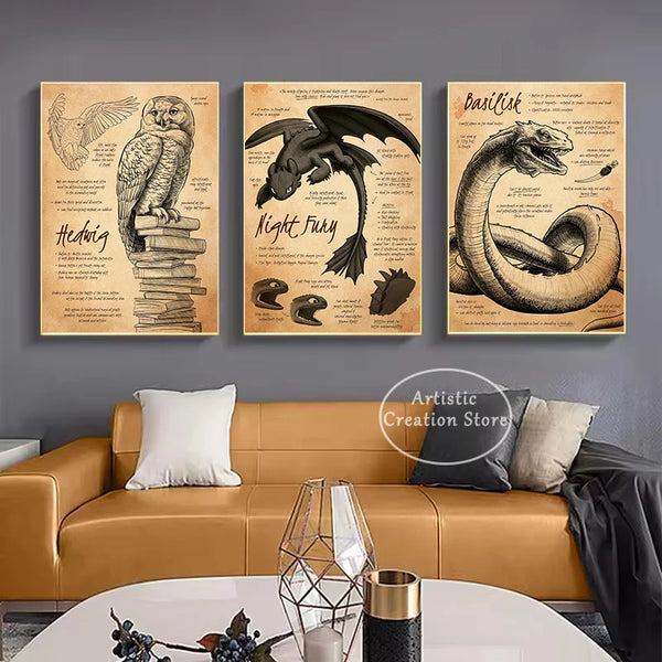 A set of three canvas wall art prints featuring owls and dragons on a neutral background.