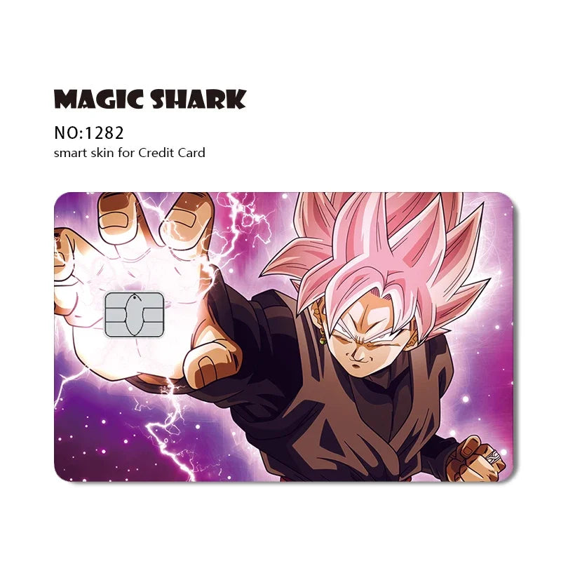 A vibrant illustration of a Super Saiyan character with pink hair and lightning effects, designed as a card skin sticker.