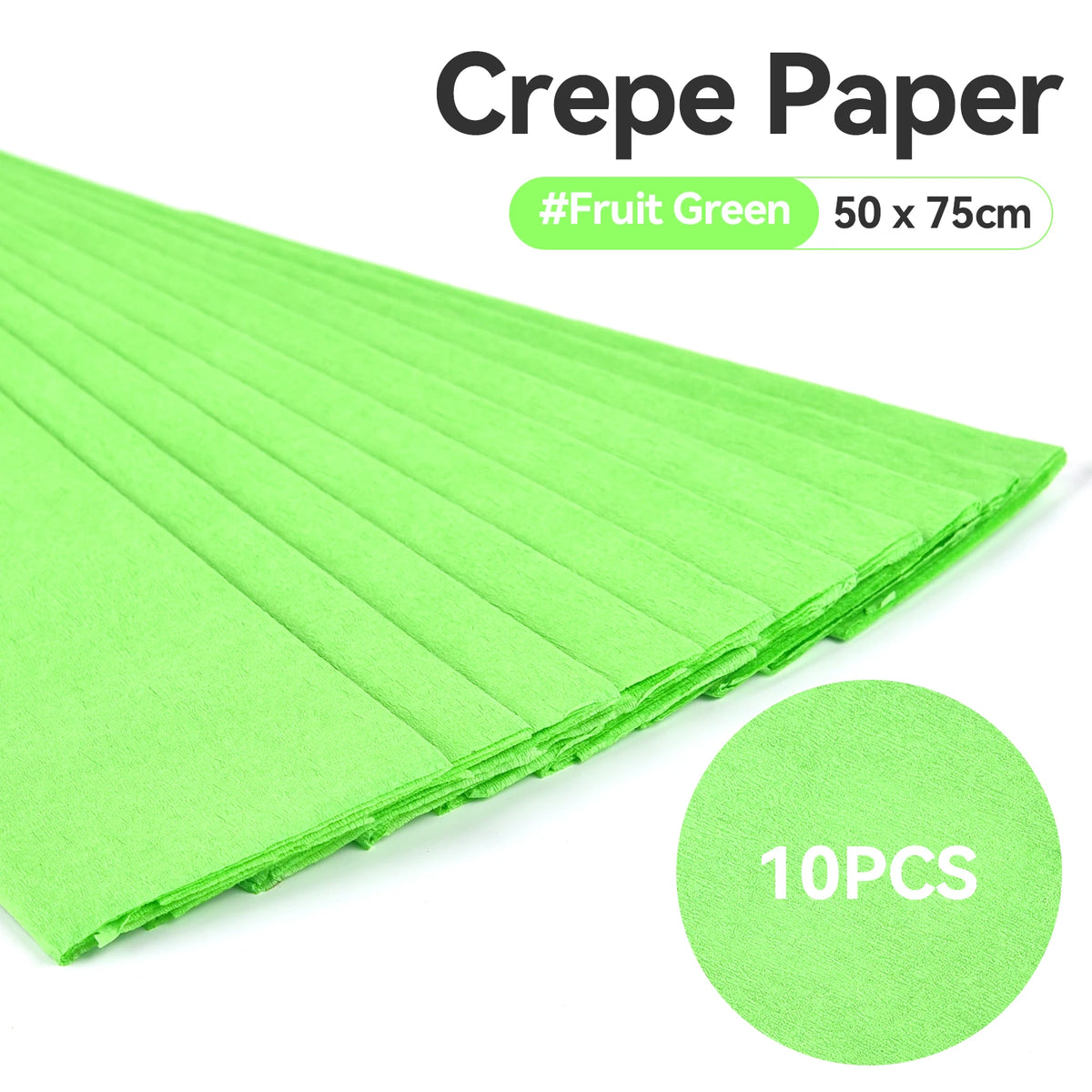 A sheet of bright green crepe paper, folded into strips, is shown next to a circular graphic indicating 10 pieces.