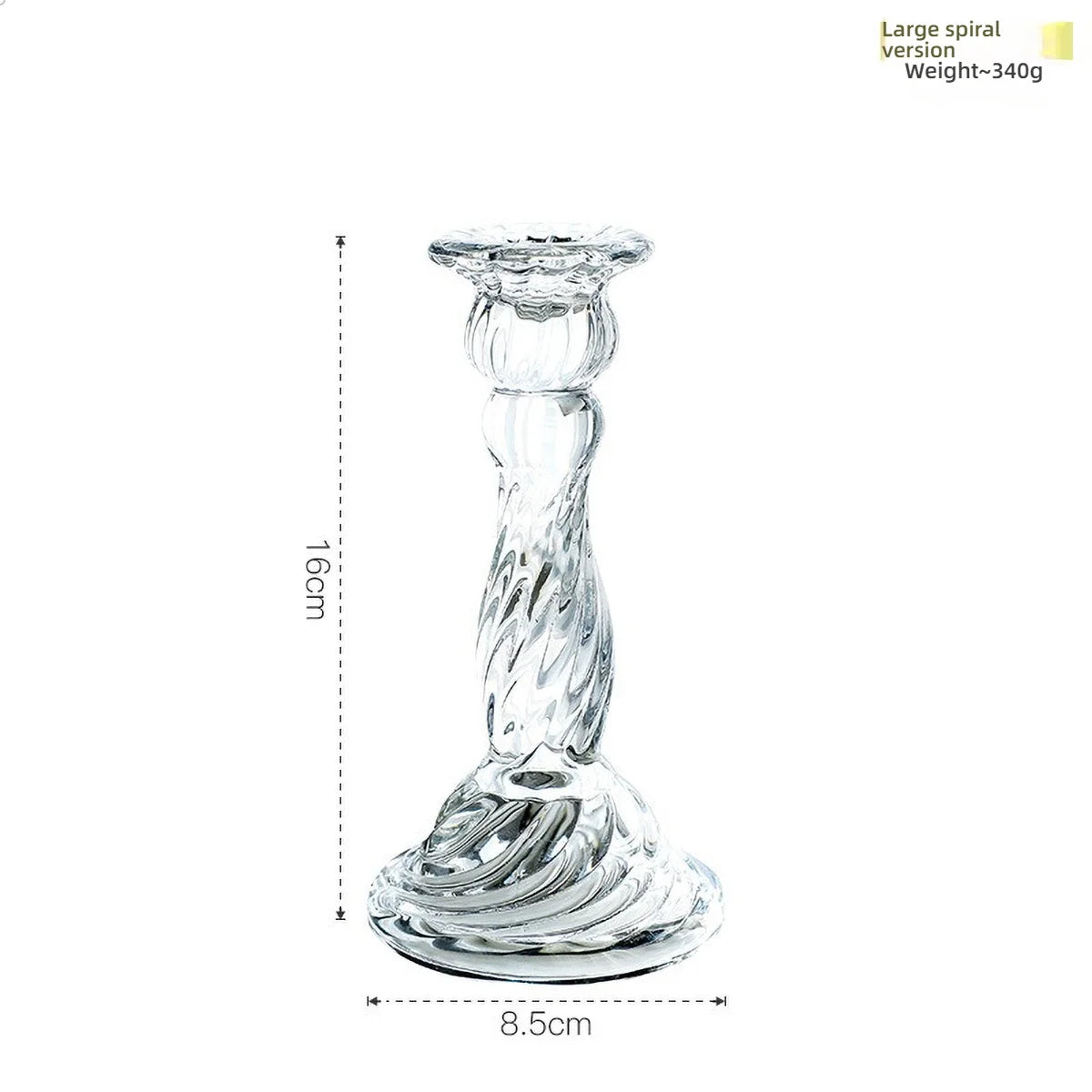 A tall, elegant clear glass pillar candle holder with a swirling design.