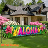 A vibrant banner featuring the word ALOHA surrounded by tropical flowers and green foliage for outdoor decor