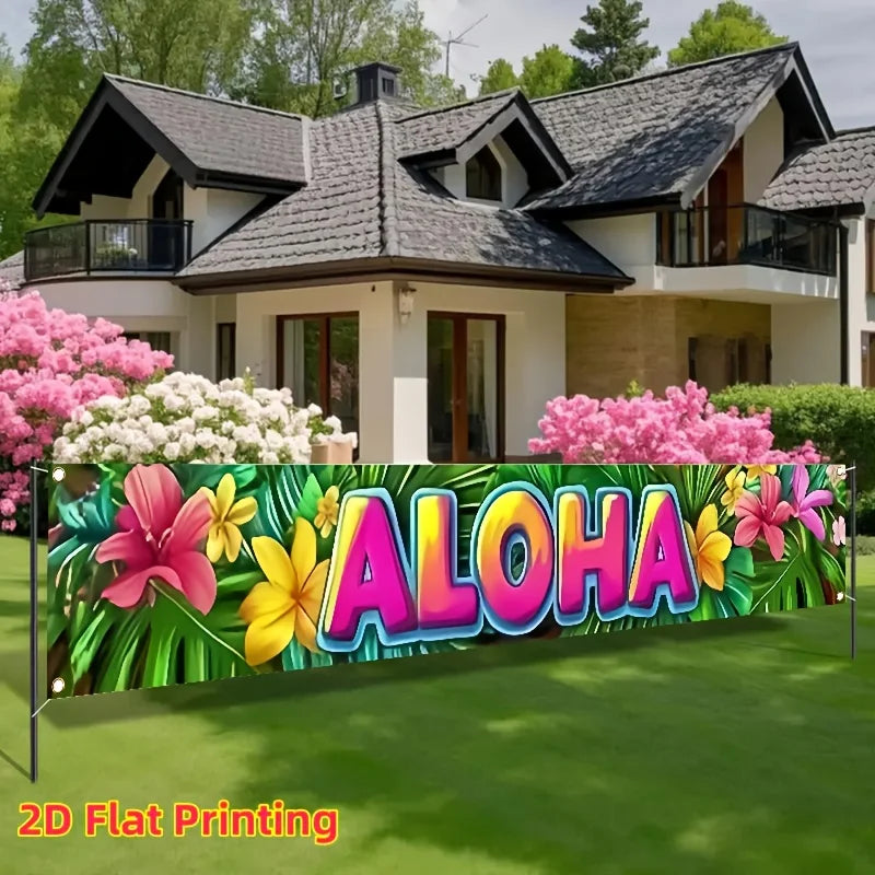 A vibrant banner featuring the word ALOHA surrounded by tropical flowers and green foliage for outdoor decor
