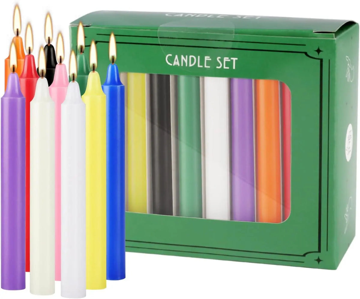 A green box containing a set of twenty hand-poured soy wax stick candles in various colors like purple, yellow, and blue.
