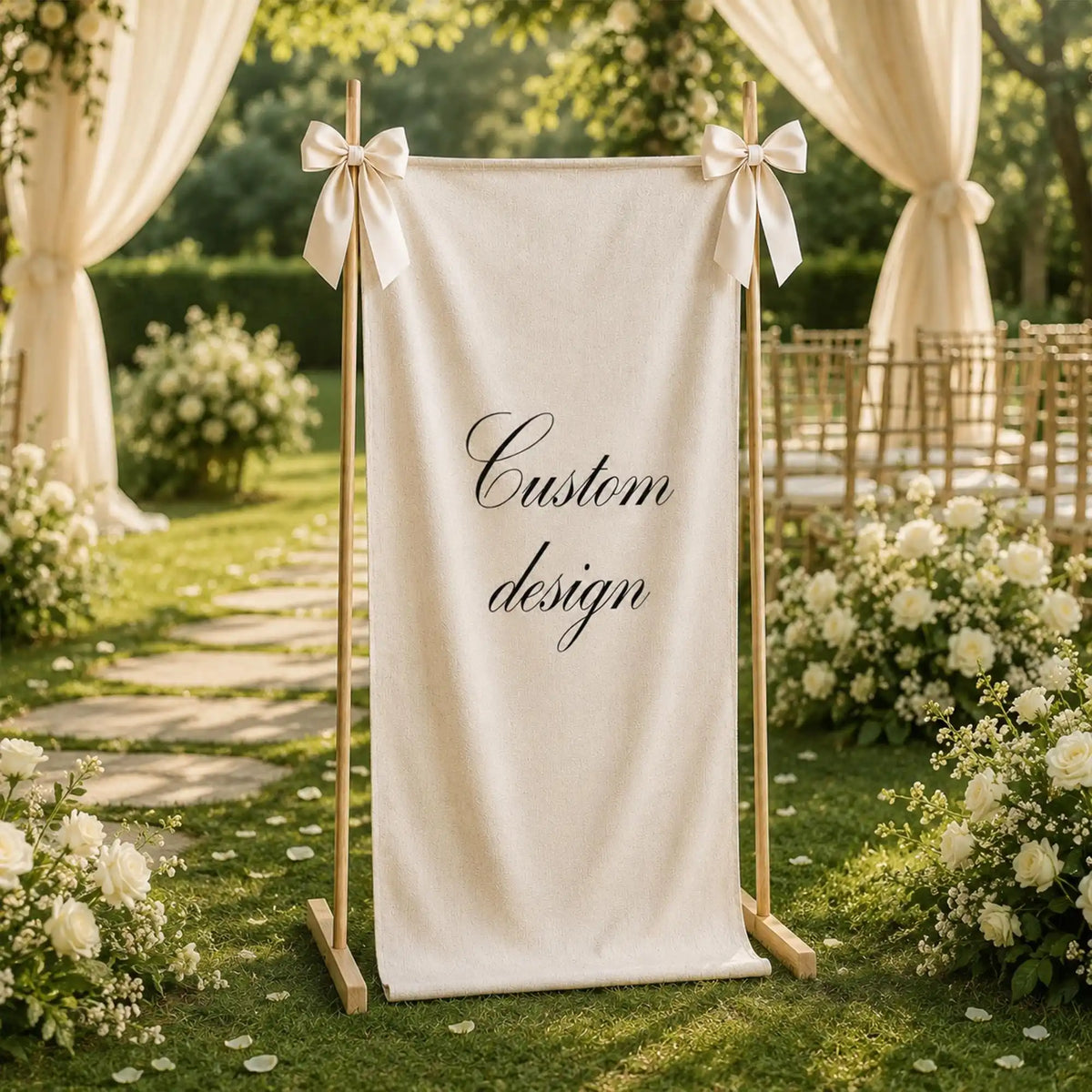 A cream linen banner with custom design text displayed outdoors on a wooden stand surrounded by greenery and white flowers.