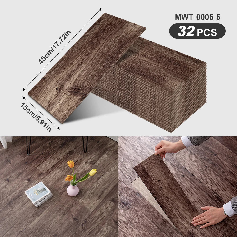 A rectangular wood grain peel-and-stick sticker sheet is shown next to a finished wooden floor installation.
