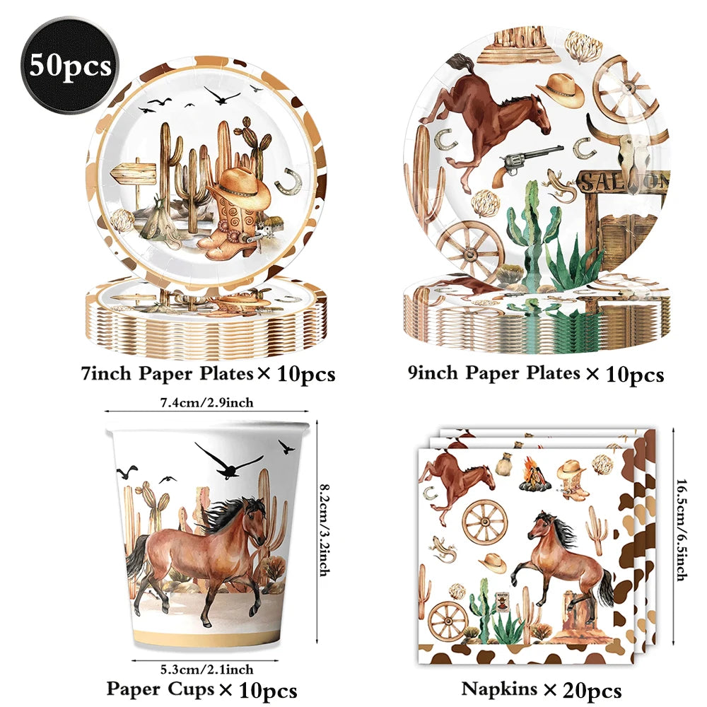 A set of western theme foil horse number balloons, including paper plates, cups, and napkins.