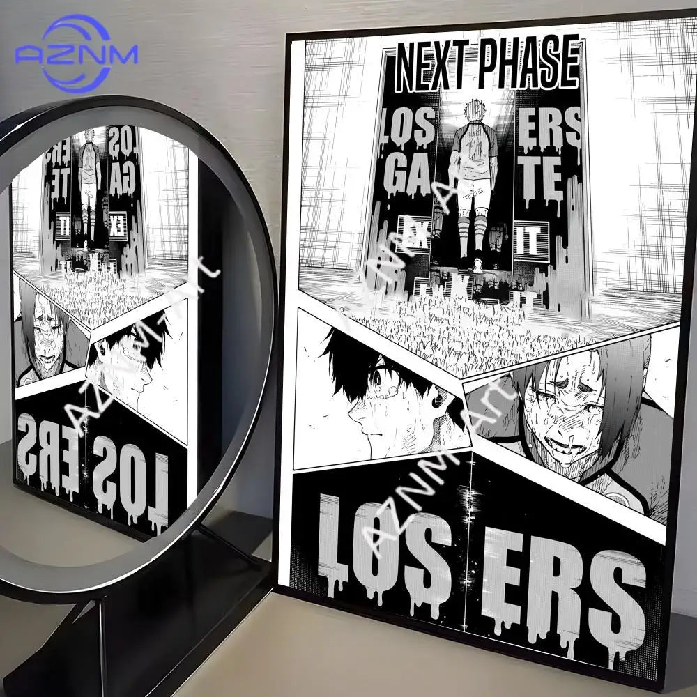 A canvas print featuring characters and text from the Blue Lock anime, including a large title and character portraits.
