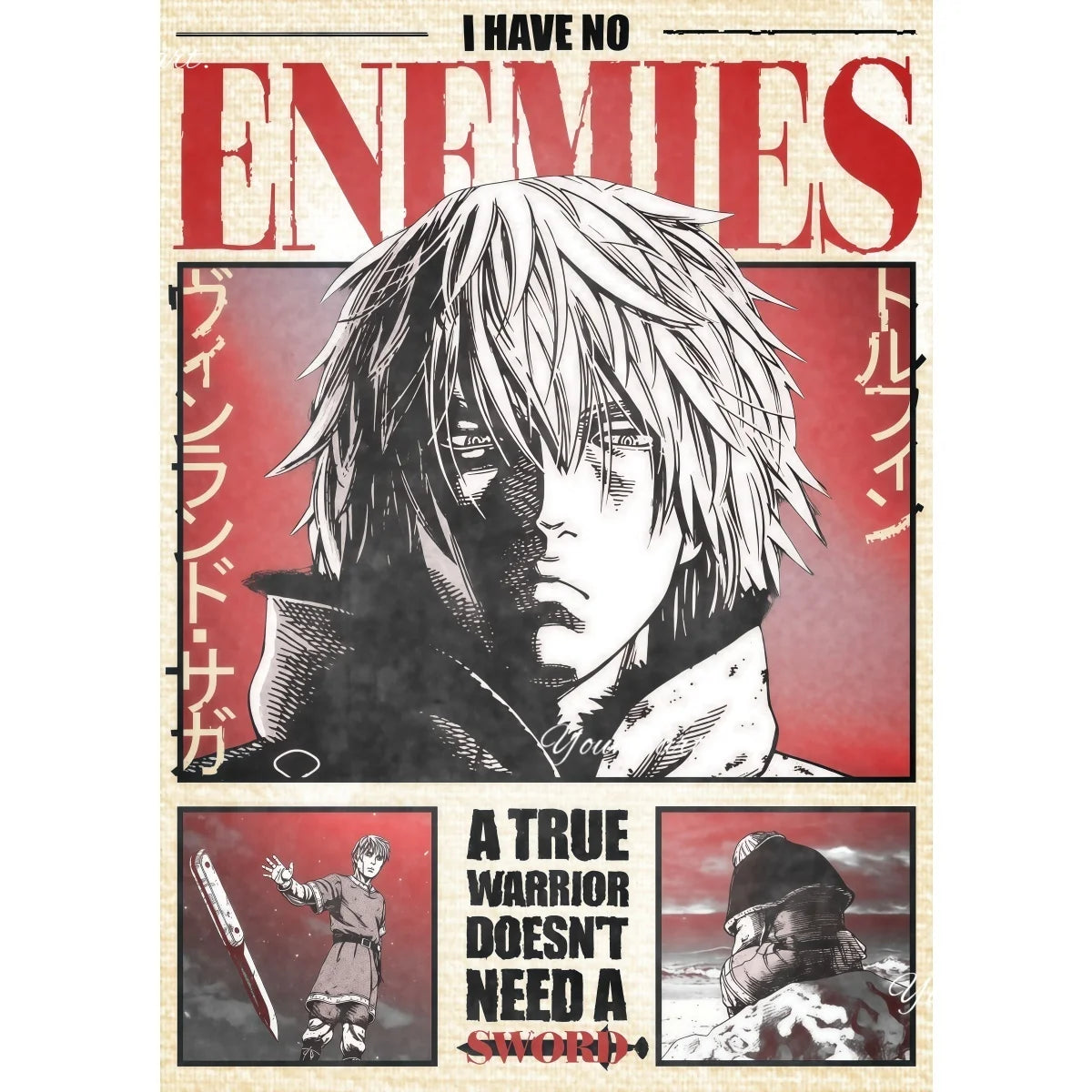 A poster print featuring a dramatic black and white illustration of a character from Vinland Saga with red text.