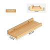 A natural wood floating shelf designed for wall mounting display, shown in a side view.