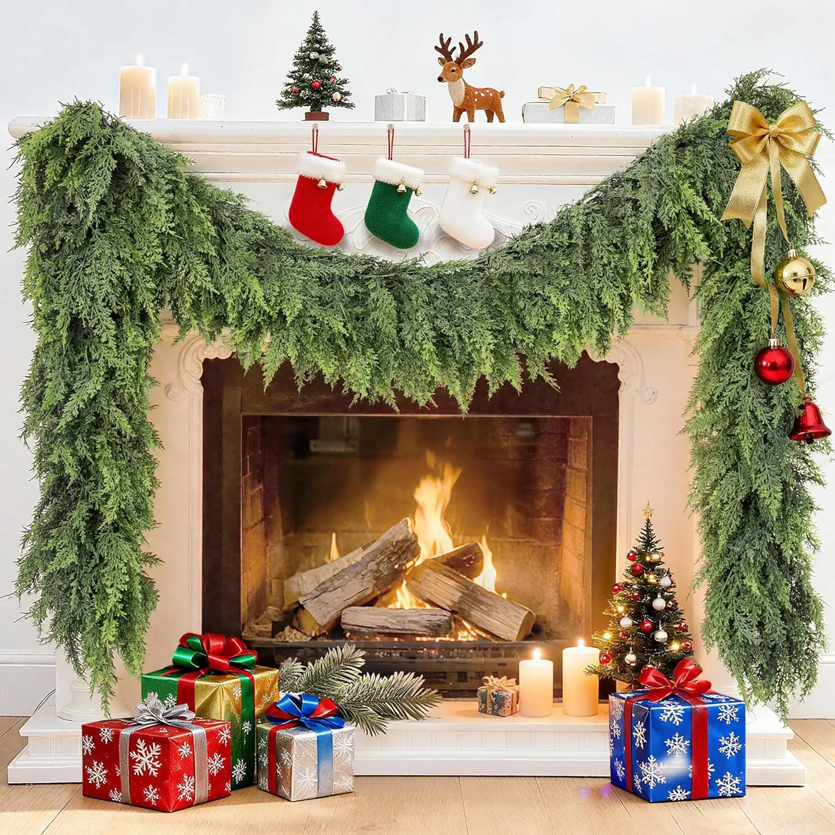 A realistic cedar garland decorated with Christmas elements and gifts displayed on a fireplace mantel.
