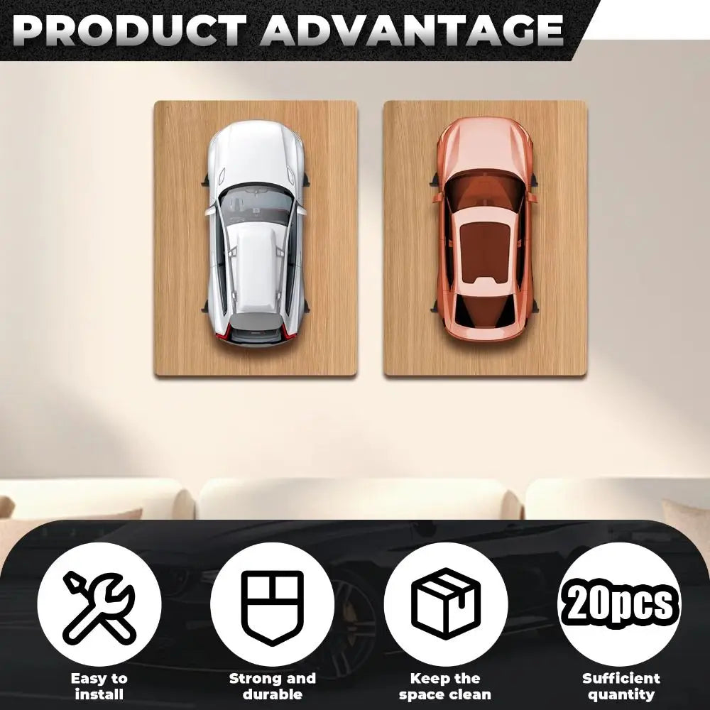Wall mount display holders showing silver and pink die-cast car models for easy installation and storage
