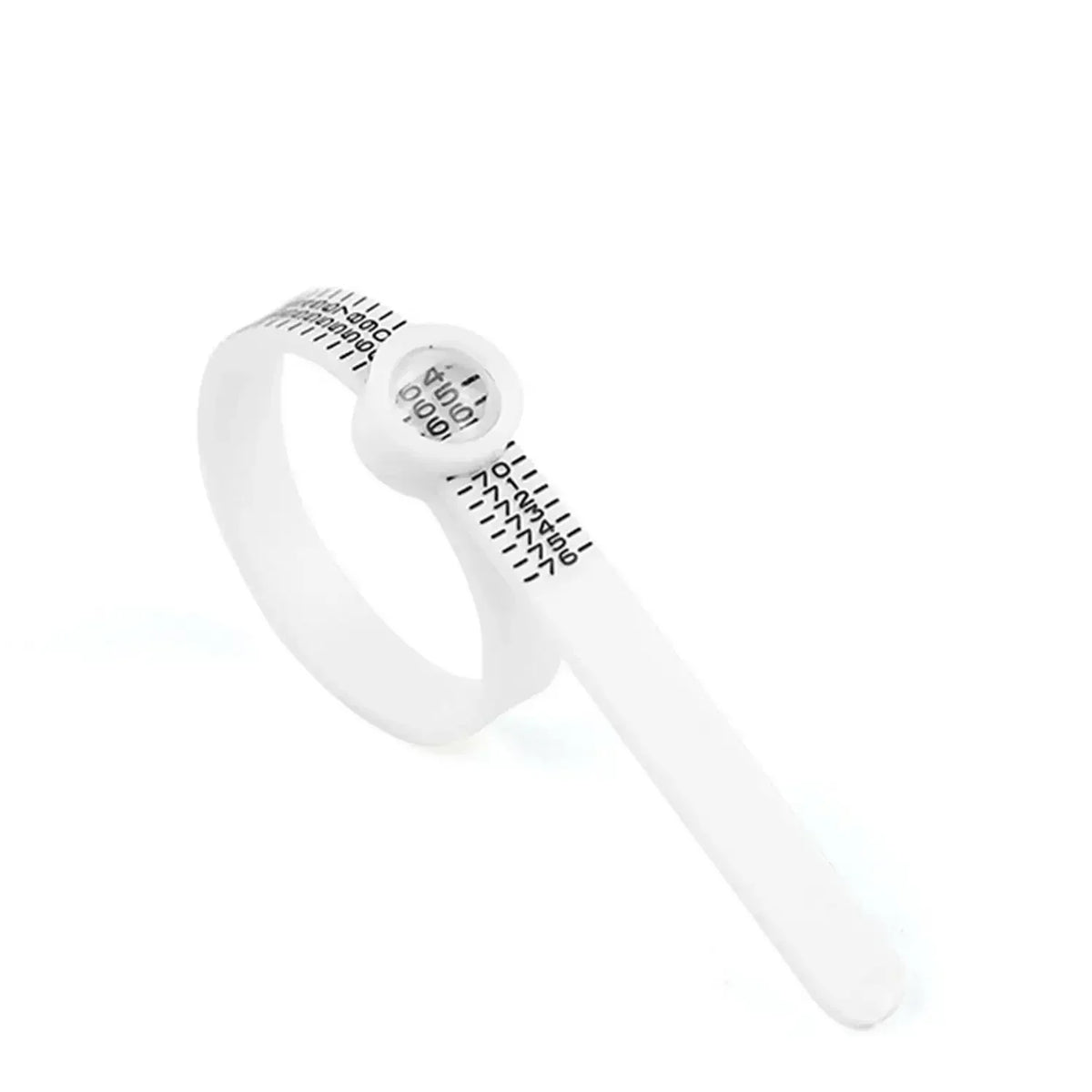 A white adjustable ring sizer with a built-in magnifier and ring measuring tool.