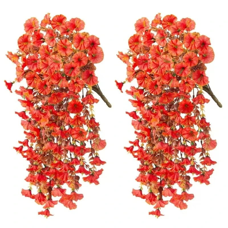 A pair of artificial morning glory vines in vibrant orange and red hues for home decor.