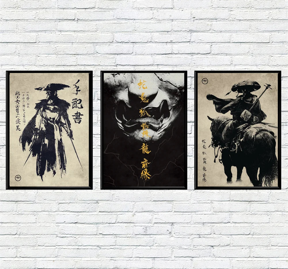 Three vertical panels of Japanese woodblock style art featuring samurai figures and dramatic imagery on canvas print