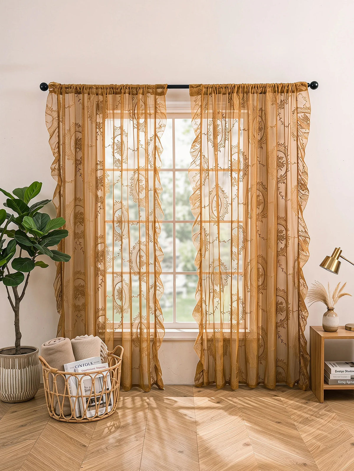 Vintage Golden Floral Lace Sheer Curtains with Ruffled Edge
