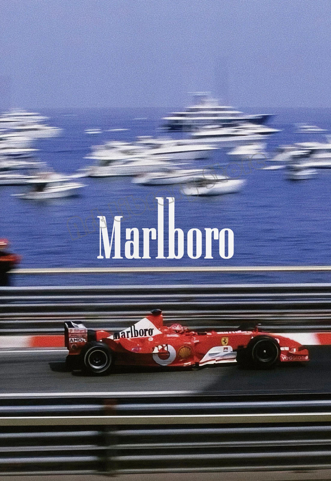 A vintage Formula 1 car in red is shown racing on a track with blurred boats in the background.