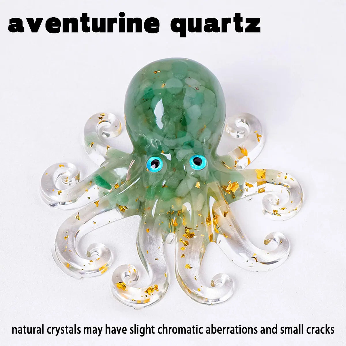 A translucent green aventurine quartz octopus statue with gold accents.