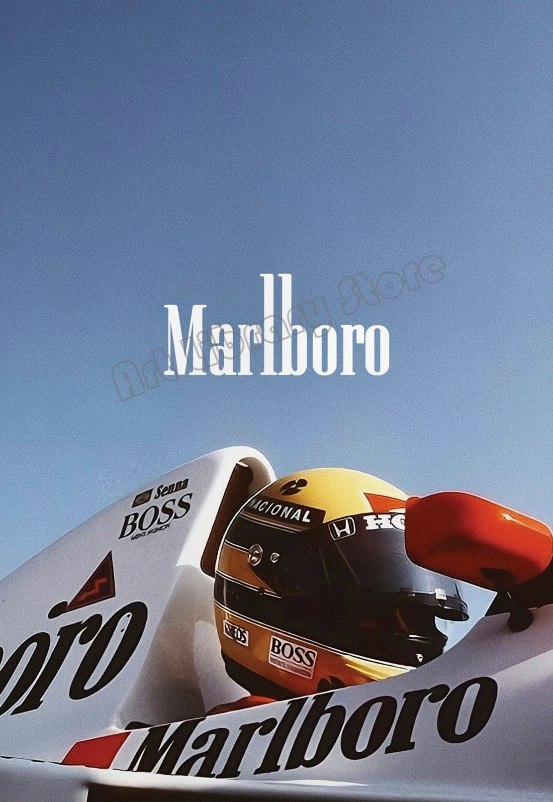 A close-up of a yellow and black Formula 1 helmet with Marlboro branding on a racing car.