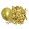 A pile of metallic gold latex balloons scattered on a white background.