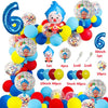 A colorful party balloon set featuring cartoon clown designs in various colors like blue, yellow, and red.