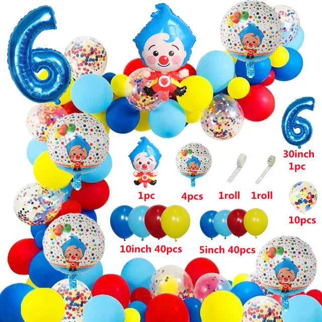 A colorful party balloon set featuring cartoon clown designs in various colors like blue, yellow, and red.
