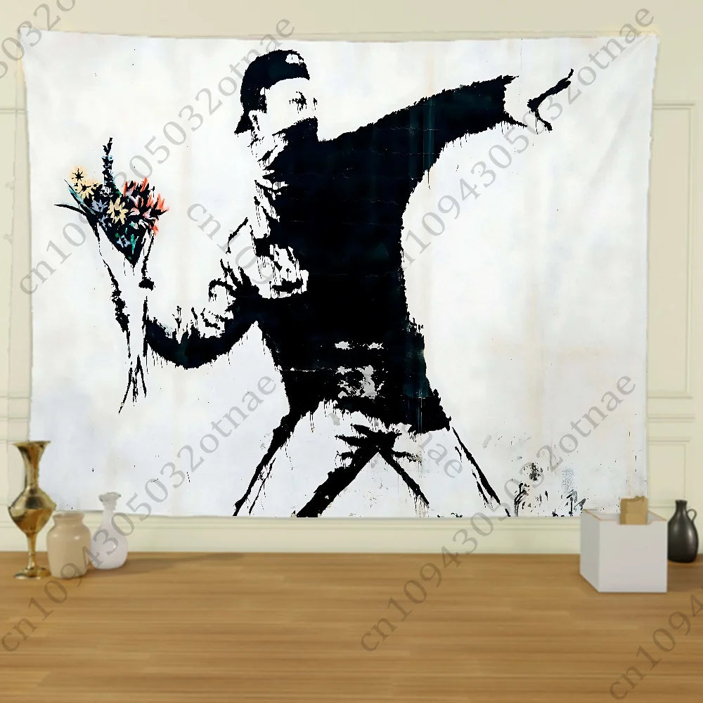 Black and white Banksy-inspired street graffiti art tapestry featuring a figure holding flowers on a white background
