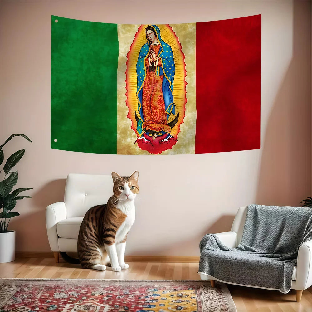 A decorative banner featuring the Mexican flag design with a depiction of the Virgin Mary.