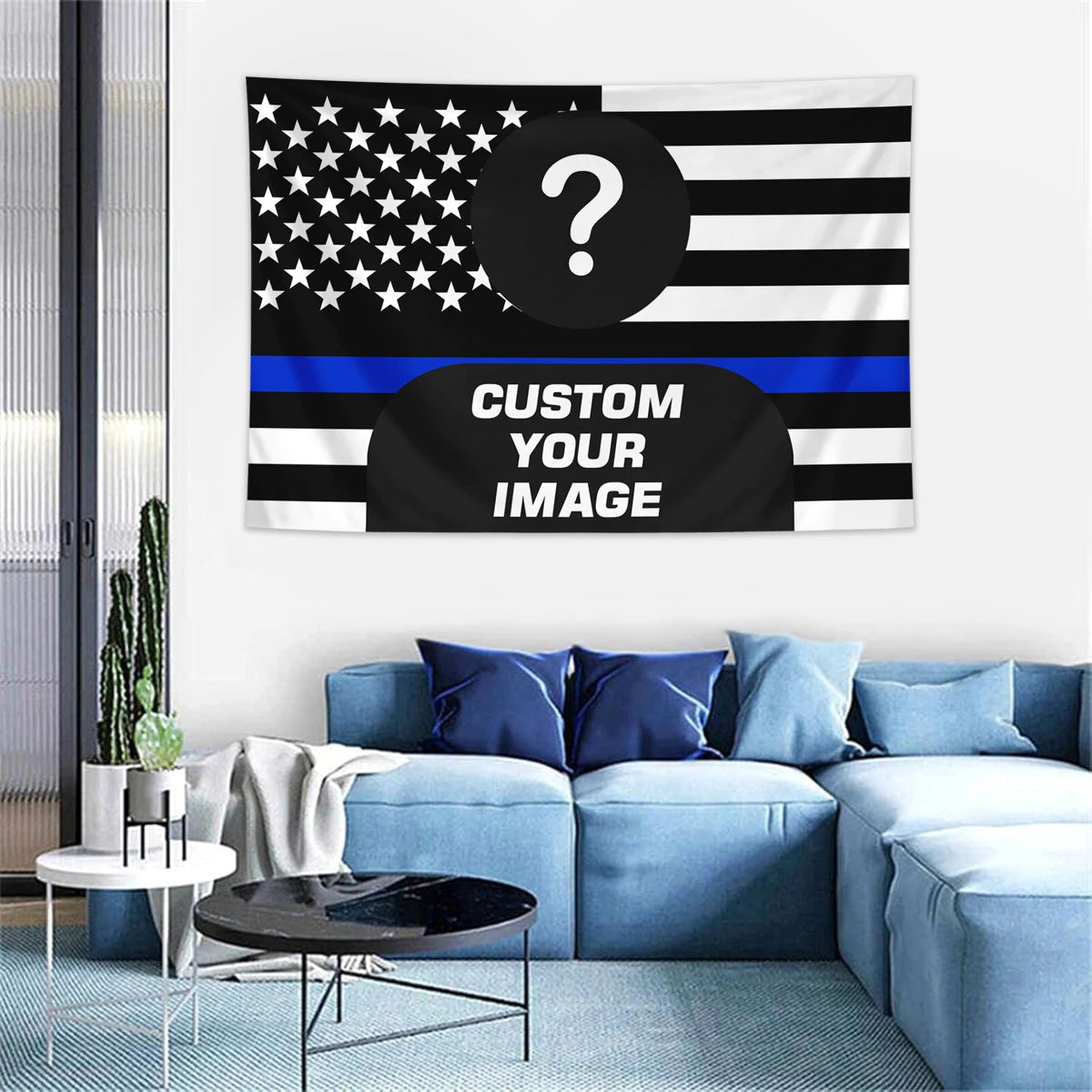 A black and white American flag tapestry featuring a question mark and blue stripes, displayed in a modern living room settin