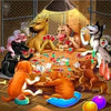 A painting depicting several dogs playing a game of poker around a table in a rustic setting.