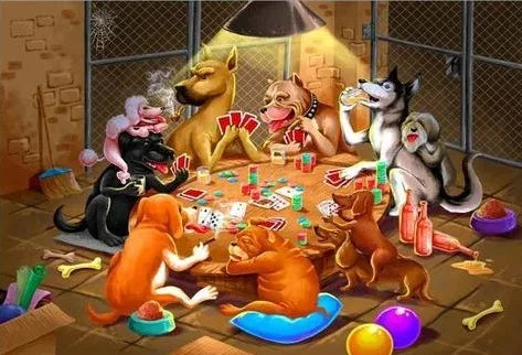 A painting depicting several dogs playing a game of poker around a table in a rustic setting.