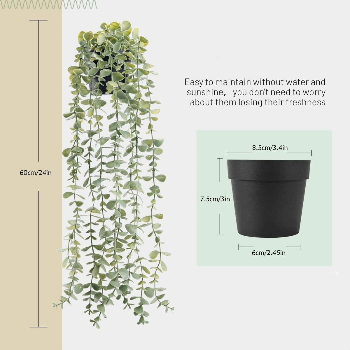 Une longue plante artificielle d'eucalyptus verte et pendante dans un pot noir sur un fond clair.