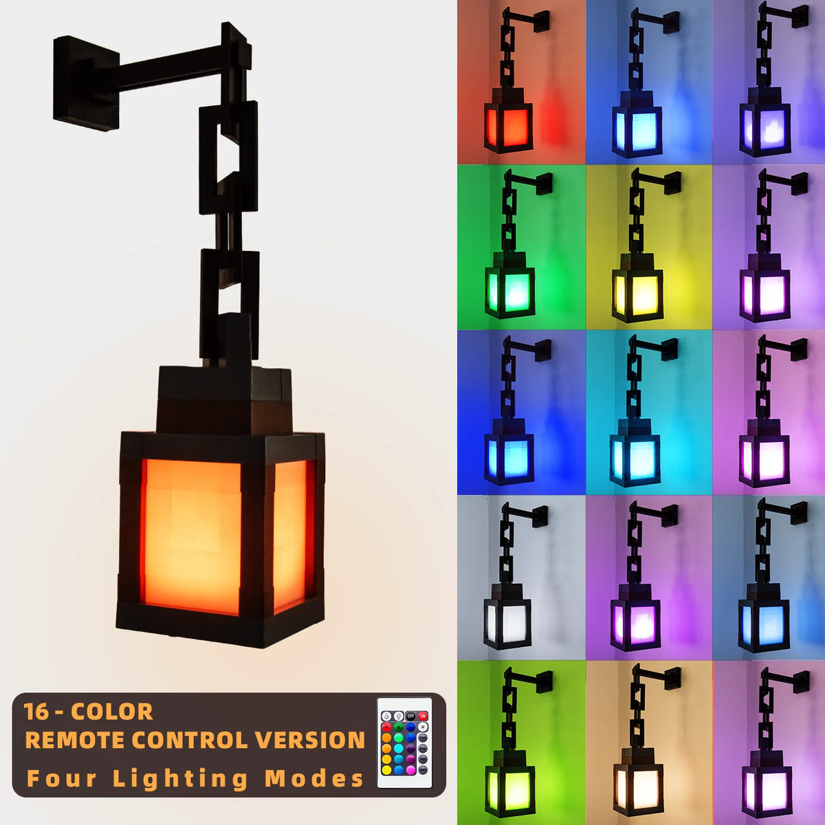 Lampe de nuit LED pixélisée noire avec bras long et quatre modes lumineux.