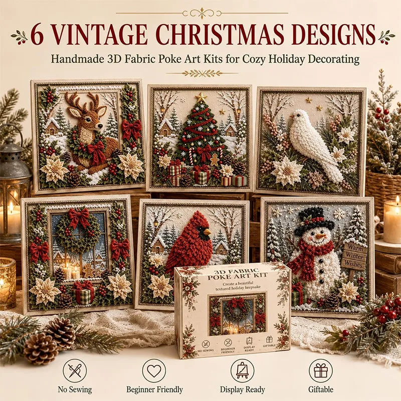 A set of six handmade 3D fabric poke art kits featuring Christmas and winter forest designs for holiday decorating