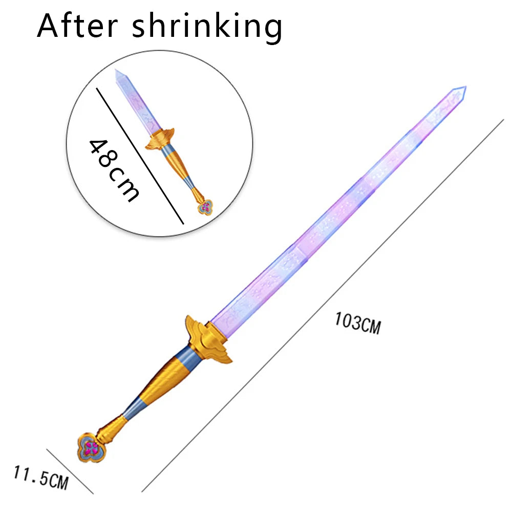 A long, slender sword prop with a purple blade and gold hilt, shown after shrinking, with various length measurements.
