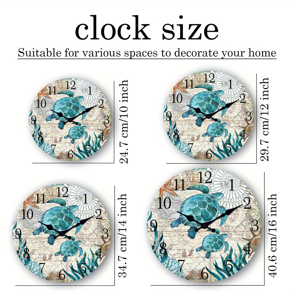 A set of four handcrafted wooden turtle wall clocks in various sizes and designs suitable for home decoration.