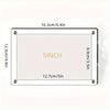 A rectangular acrylic photo frame with measurements listed in both centimeters and inches.