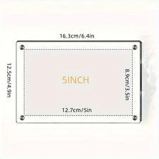 A rectangular acrylic photo frame with measurements listed in both centimeters and inches.