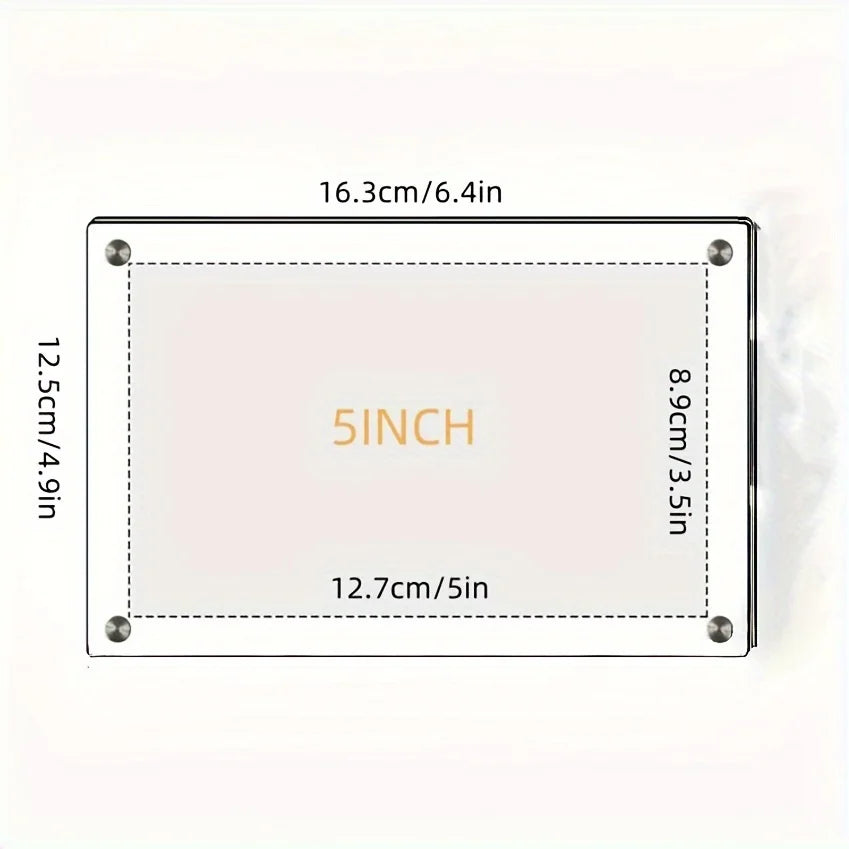 A rectangular acrylic photo frame with measurements listed in both centimeters and inches.