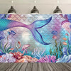 A vibrant underwater scene featuring a large blue fish tail and colorful coral and sea plants for a birthday backdrop.