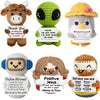 A collection of handcrafted crochet animal dolls, including a brown calf, a green lizard, a gray penguin, and a light brown a